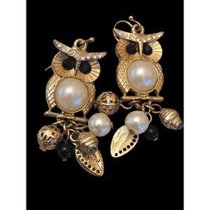 Owl Dangle Earrings Gold Tone Crystals Charms Faux Pearls
